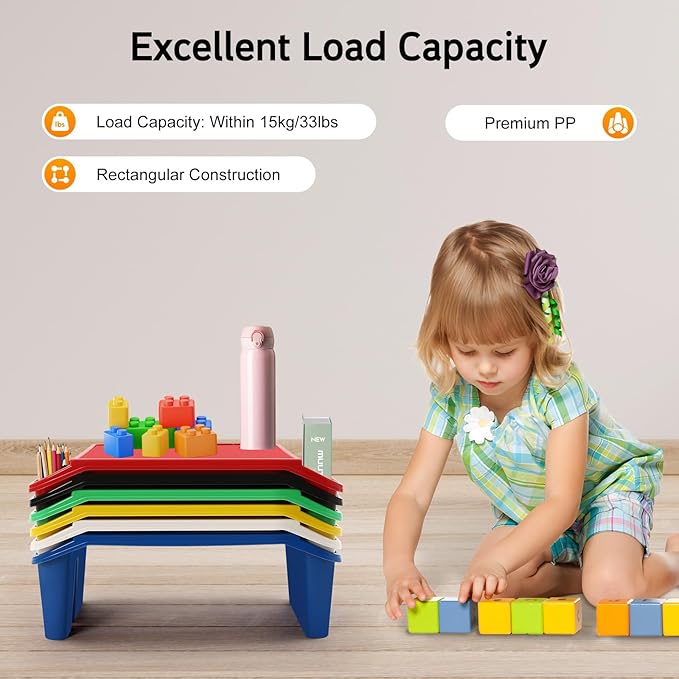 Kids Lap Desk Tray Set of 6, Portable Activity Table, Plastic Stackable Tray for Drawing, Writing, Eating, Classroom, 19.69" L x 9.84" W x 7.09" H, Red + Green + Blue + Yellow + Black + White