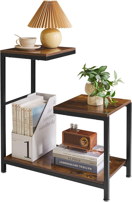 G-Shaped End Table, 3 Tier Side Table with Metal Frame for Living Room Corner Tables, Balcony, Couch, Bedroom Rustic Brown YD-TM053H