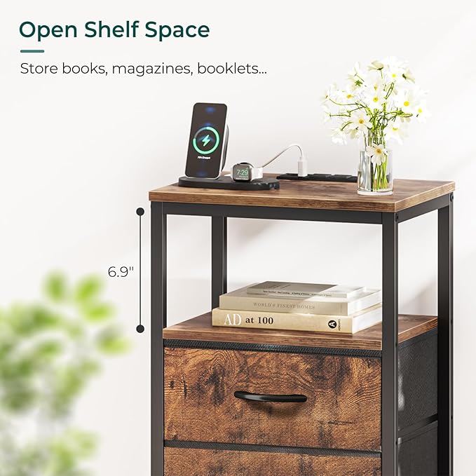 Huuger Nightstands Set of 2, End Tables with Charging Station, Fabric Drawers, Bedside Tables with USB Ports and Outlets, Night Stands for Bedroom, Rustic Brown