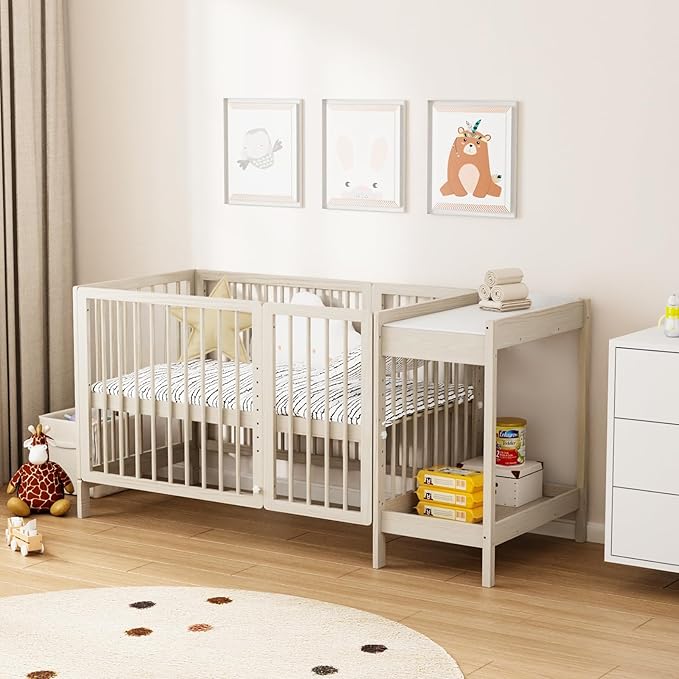 JOYMOR 8 in 1 Convertible Crib with Changer, Include 2” Mattress, Converts to Bassinet, Mid Crib, Full Size Crib, Daybed,Toddler Bed and Playard (Crib with Changer, Washed Natural)