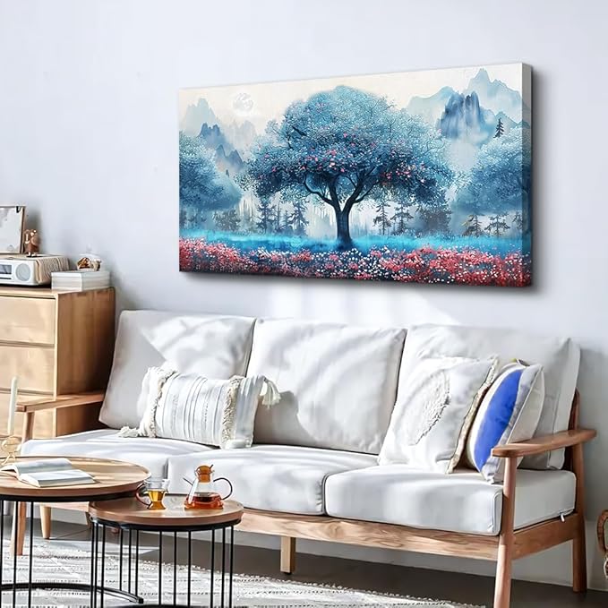MHARTK66 Canvas Wall Art For Living Room Wall Decor For Bedroom Office Decorations Blue Tree Landscape Wall Paintings Farmhouse Pictures Artwork Room Home Decor Ready To Hang Posters 40"X20"