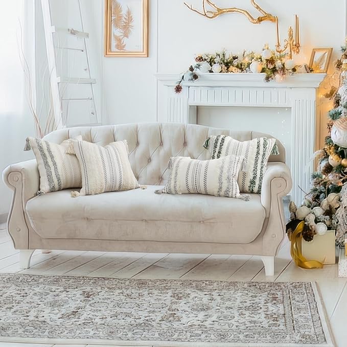 decorUhome Decorative Boho Throw Pillow Cover 18x18, Accent Neutral Textured Tufted Pillow Cover Striped for Couch Bed Sofa, Light Grey and Cream White, Pack of 1