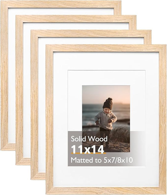KINLINK 11x14 Picture Frame Natural, Solid Wood Frames 14x11 with Acrylic Plexiglass for Pictures 5x7/8x10 with Mat or 11x14 without Mat, Tabletop and Wall Display Photo Frame Set of 4