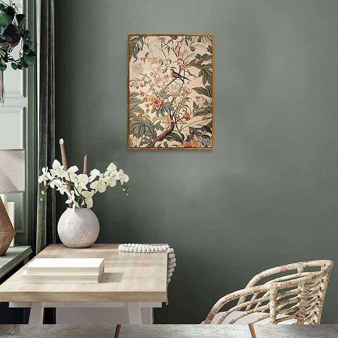 Djmwtb Framed Vintage Wall Art, Botanical Flower Wall Art,Birds Pictures Wall Decor,Nature Paintings Canvas Artwork Prints for Bedroom, Living Room 16x24in