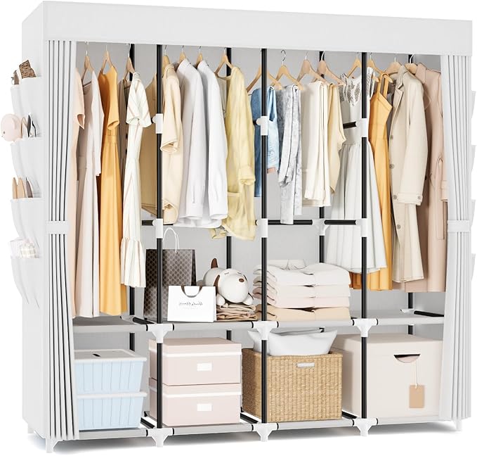 Portable Closet for Hanging Clothes, 67 Inch Wide Portable Wardrobe Closet with Cover, 4 Hanging Rod, Storage Shelves and Side Pockets, Large Free Standing Closet for Bedroom, White
