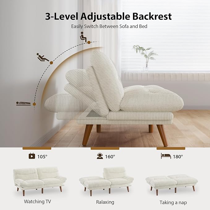 Pipishell Futon Sofa Bed, 73" Convertible Futon Couch, Adjustable Backrest & Armrests, Corduroy Recliner Sleeper Couch for Small Spaces, Living Room, Office, Guest Room (White, 73 Inch)