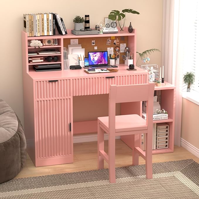 Pink Wooden Kids Fluted Desk and Chair Set,Kids Study Table and Chair Set with 2 Fluted Drawers,Kids Study Desk with 3 Storage Cabinets,Girls Study Desk for Kids with Hutch for Bedroom-Fa2Ox7