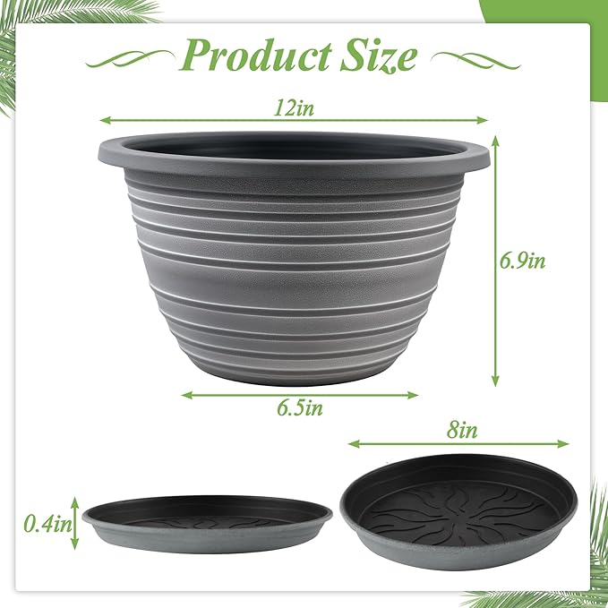 Large-Planter-Indoor-Outdoor Plant Pots, 12 inch 3 Pack Plastic Flower Pots with Saucer and Drainage Holes, Retro Antique Imitation Decorative Garden Containers Sets for Houseplant