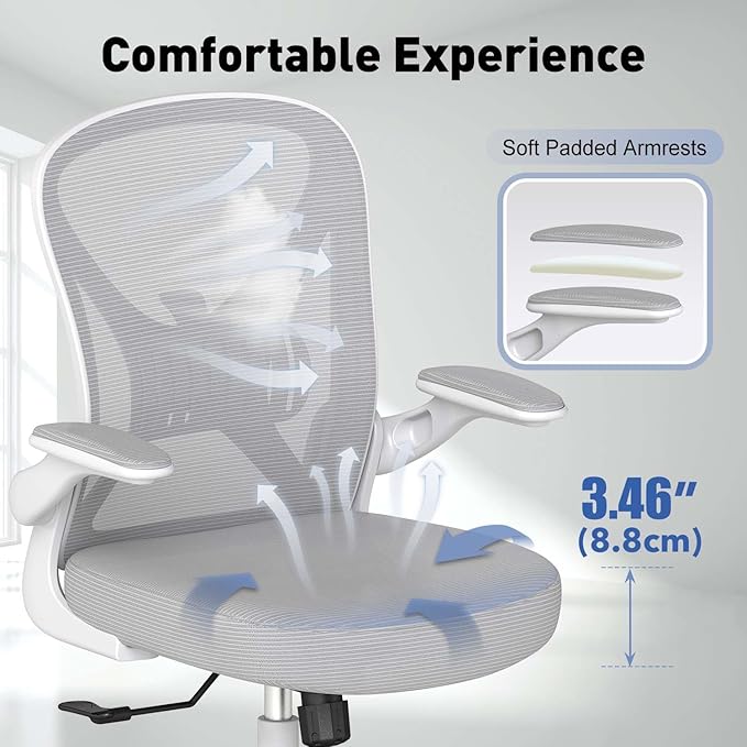Ergonomic Office Chair with Adjustable Lumbar Support, Mesh Home Office Desk Chair with Wheels and Flip-up Arms, Grey