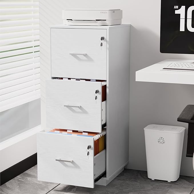 VINGLI 3 Drawer File Cabinet with Lock, Home Office Filing Organizer, for Letter Size File Folder Storage, Wood Tall Vertical Filing Cabinet, Printer Stand, Archivador (White)