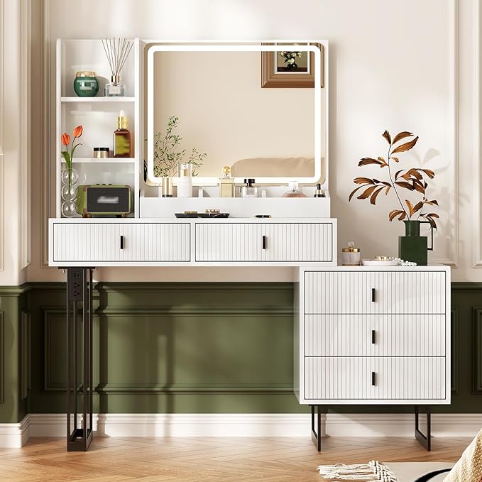 Large Vanity Desk with 3 Color Touch Screen Dimming Mirror, Vanity Desk with Charging Station, Modern Retractable Makeup Dressing Table, Vanity Table With storage shelves and 5 Sliding Drawers, White
