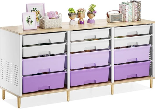 Storage Cabinet with 12 Drawers, Home Storage With Wooden Tabletop, Cube Storage Organizer for Living Room, Bedroom, Classroom, Office, Playroom, Craft Room, (Purple)