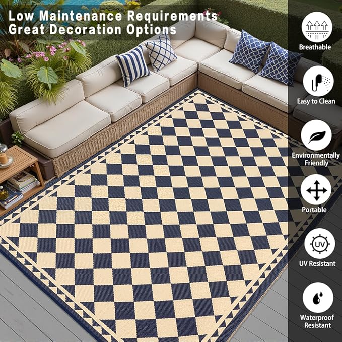 Outdoor Rug for Patios Clearance,Waterproof Mat,Large Outside Carpet,Reversible Plastic Straw Camping Rugs,Rv,Porch,Deck,Camper,Balcony,Backyard (9x12,Checkered/Black&Beige)