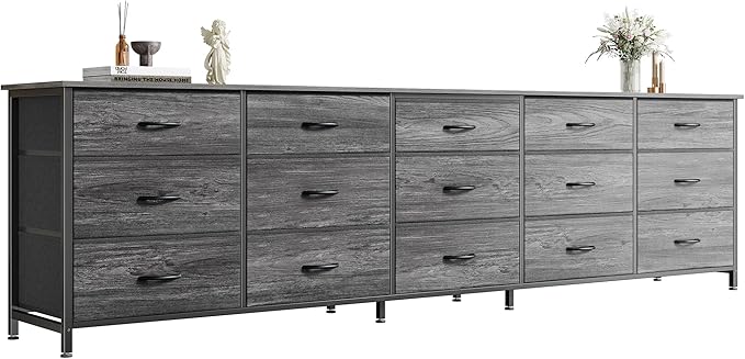 Huuger 78.7 inch Long Dresser for Bedroom, 15 Drawer Fabric Dresser for Closet, Large TV Stand for 65, 75, 85 inch TV, Wide Chest of Drawer with Storage, 78.7" W x 12.9" D x 26.7" H, Grey