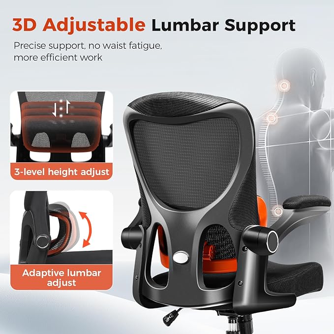 GTRACING Office Chair Ergonomic Desk Chair with 3D Adaptive Lumbar Support, High Back Home Mesh Chair with Flip-Up Arms, Swivel Rolling Computer Seating for Long Desk Work (Black)