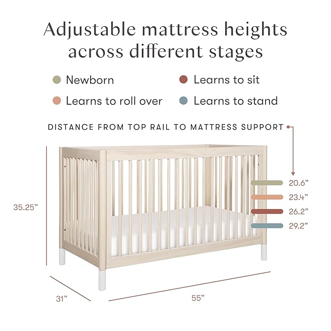 Babyletto Gelato 4-in-1 Convertible Baby Crib with Wooden Toddler Bed, Daybed & Full-Size Bed Conversion - GREENGUARD Gold Certified - 4 Adjustable Mattress Heights - Washed Natural & White