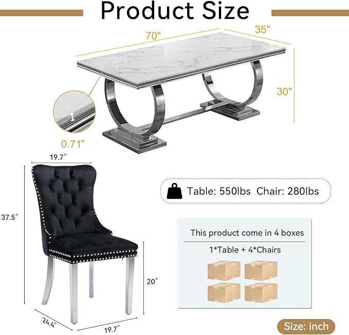Goujxcy 5 Piece Marble Dining Table Set for 4, Luxury 70" White Marble Silver Kitchen Table with 4 Black Velvet Upholstered Chairs, Modern 4 Person Dining Room Table Set for Kicken Dining Office Room