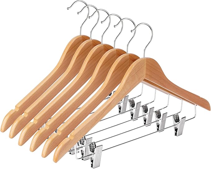 Wooden Hangers with Adjustable Heavy Duty Clips - 12 Pack Pants, Skirt, Jeans, Slacks, Shorts Hangers (Natural)