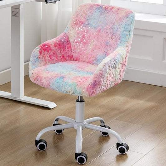 LukeAlon Kids Adjustable Desk Chair, Furry Study Chair with Swivel Base Cute Upholstered Faux Fur Reading Chair with Arms for Girls Children, Colorful