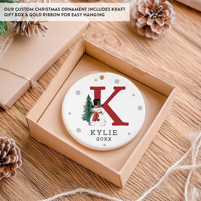 Andaz Press Personalized Ornament, Custom Name, Initial K Monogram Snowman 2.8" Ceramic Porcelain 2025 Christmas Ornament Keepsake for Kids, Boys, Girls, Includes Gold Ribbon & Gift Box, 1-Pack