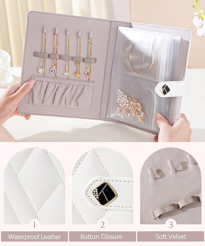 Homde Women Travel Jewelry Box: Traveling Organizer for Ring Necklace Bracelet - Storage Book with Plastic Pouches for Friend Sister Mother