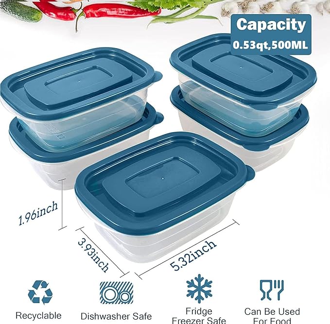 5PCS Small Food Storage Containers,Freezer Microwave safe,Food Container Sets,BPA Free Plastic Meal Prep Containers & Kitchen Set,Lunch Containers,use for School,Work and Travel,0.53 Quarts Per Box