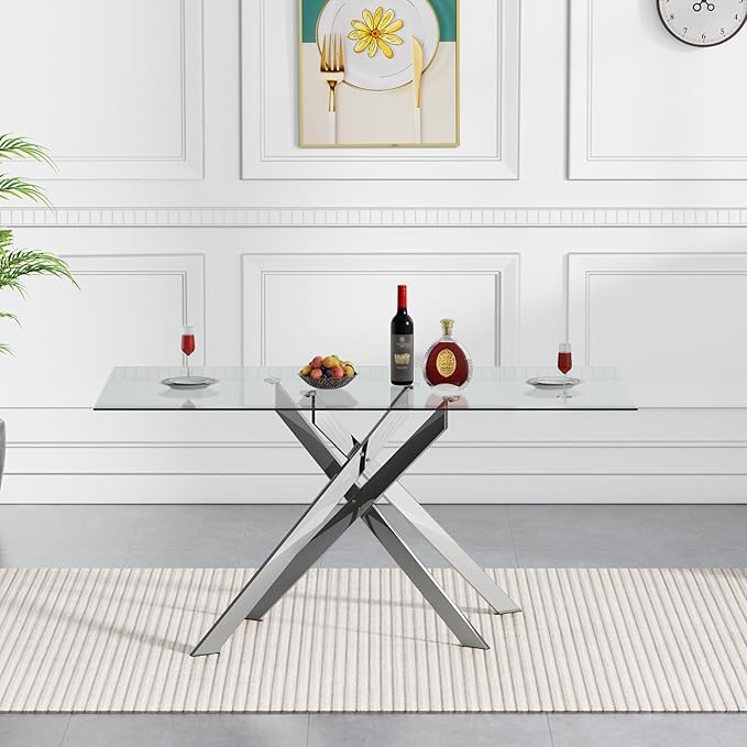 Rectangular Glass Dining Table, Tempered Glass Tabletop and Metal Legs, Modern Style Glass Kitchen Table for Home, Kitchen, Dining Room (Silver, 52'')