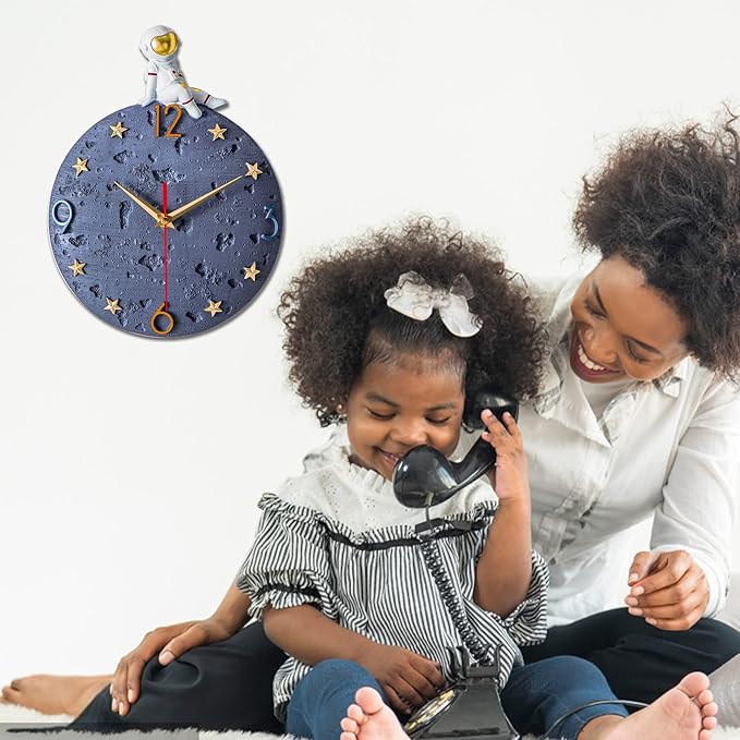 Space Theme Wall Clock, Astronaut Moon Wall Clock, 12 Inch Grey Modern Silent Clock for Kids Room Nursery Living Room Bedroom Kitchen Decor, for Children Boys and Girls Gift