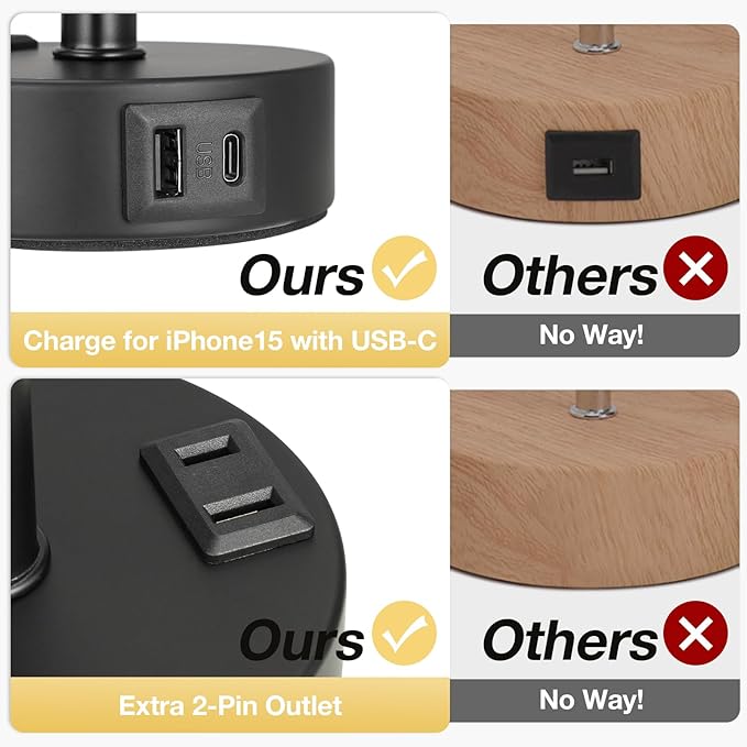 Grey Touch Bedside Lamp for Bedroom - 3 Way Dimmable Table Lamp USB C Charging Ports and AC Outlet, Small Desk Lamp for Living Room, Office, LED Bulb Included