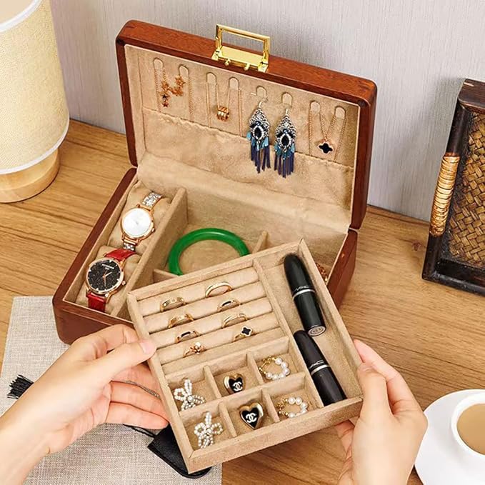 Bescott 2 Layer Solid Wooden Jewelry Box with Lock and Key for Women Men Vintage Velvet Wood Jewelry Organizer Storage for Earrings Rings Necklaces Bracelet Watch Mother’s Day Gift