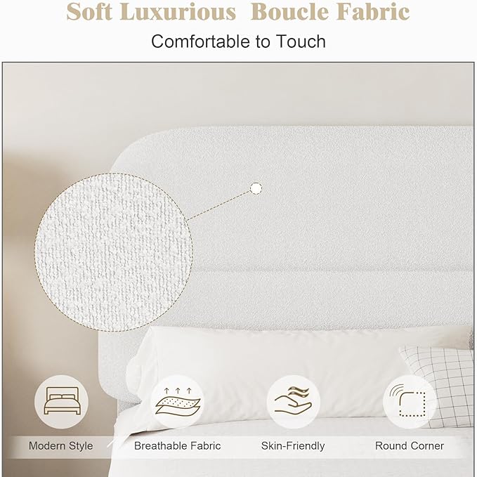 HOMBCK Queen Size Boucle Bed Frame, Upholstered Bed Frame Queen Size with Headboard, Soft Cloud Bed with Thickened Footboard, Rounded Corners, No Box Spring Needed, Easy Assembly, White