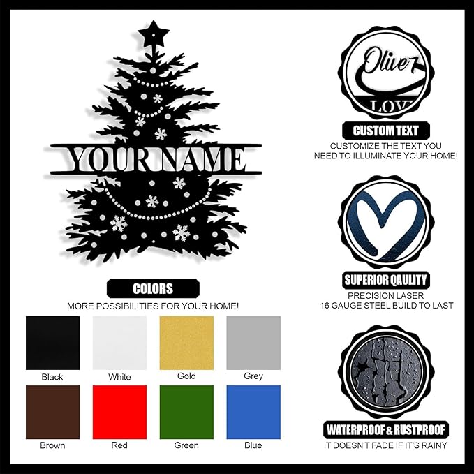 Personalized Christmas Tree Metal Sign, Custom Signs Outdoor Metal Wall Decor, Merry Christmas Tree Signs Wall Decoration for Home Living Room, Bedroom, Office, Garden, Porch