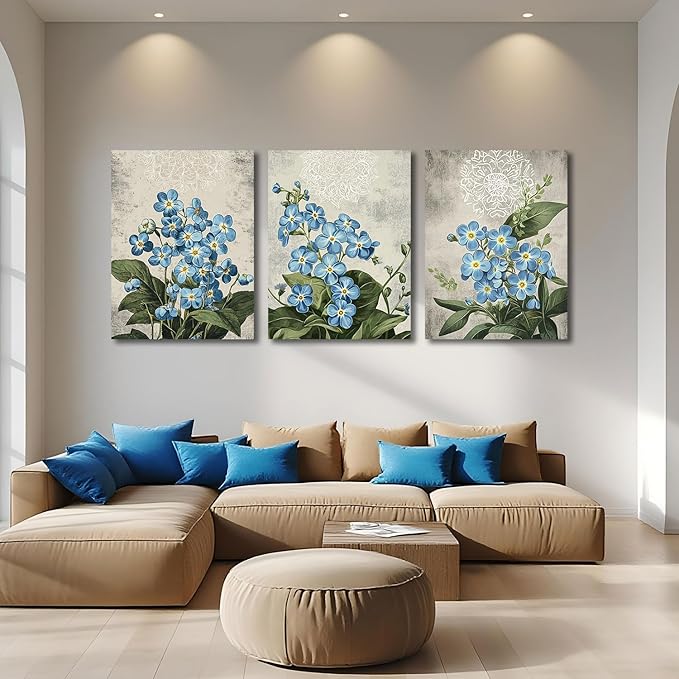 Arjun Blue Flower Wall Art Canvas Rustic Green Botanical Floral Bloosom Wildflower Vintage Grey for Bathroom Living Room Bedroom Dinning Room Kitchen Home Office Wall Decor, 12"x16"x3 Panels