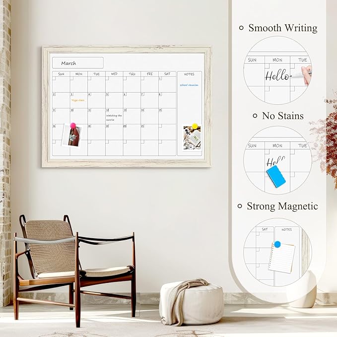 4 THOUGHT Whiteboard Calendar 24" x 18" Magnetic Dry Erase Board Wood Frame Wall-Mounted Monthly Planner White Board Decorative Notice Board for Office School Home, White Vintage