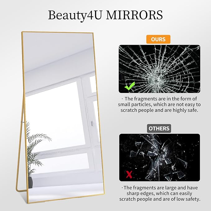 Beauty4U 71" x 32" Large Full Length Mirror with Stand, Gold Wall Mounting Full Body Mirror, Metal Frame Full-Length Tempered Mirror for Living Room, Bedroom
