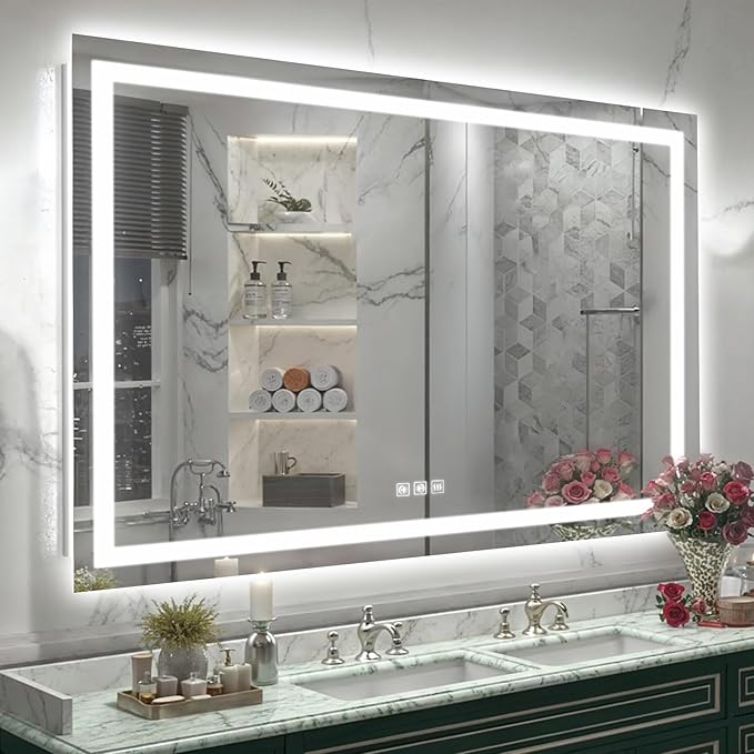 LED Mirror for Bathroom, 55x40 Inch Backlit + Front Lighted Bathroom Vanity Mirror with Lights for Wall, Double Light Strips, 3 Colors, Shatter-Proof, Anti-Fog and Brightness Memory