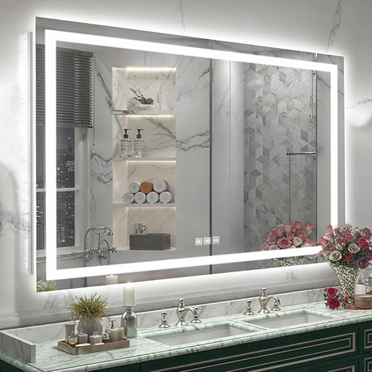 LED Mirror for Bathroom, 55x40 Inch Backlit + Front Lighted Bathroom Vanity Mirror with Lights for Wall, Double Light Strips, 3 Colors, Shatter-Proof, Anti-Fog and Brightness Memory