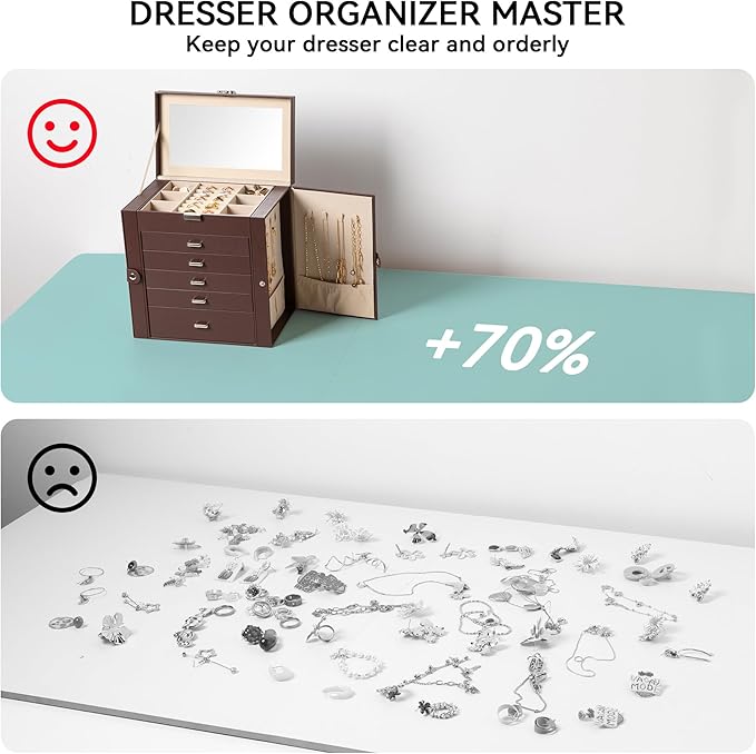 Frebeauty Large Jewelry Box,6-Tier PU Leather Jewelry Organizer,Multi-functional Storage Case with Mirror,Accessories Holder with 5 Drawers for Necklace Bracelets Watches(Dark Brown)