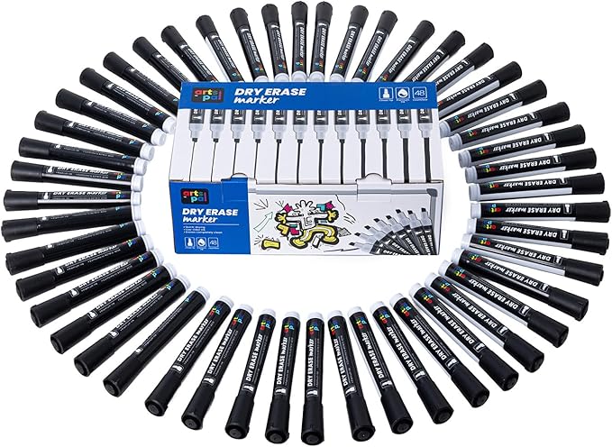 Artspal Dry Erase Markers, 48 Count, Black, Chisel Tip, Low Odor, Easy Erase, Whiteboard Markers for Classroom, Office, Home, Teachers, Kids, Back to School Supplies