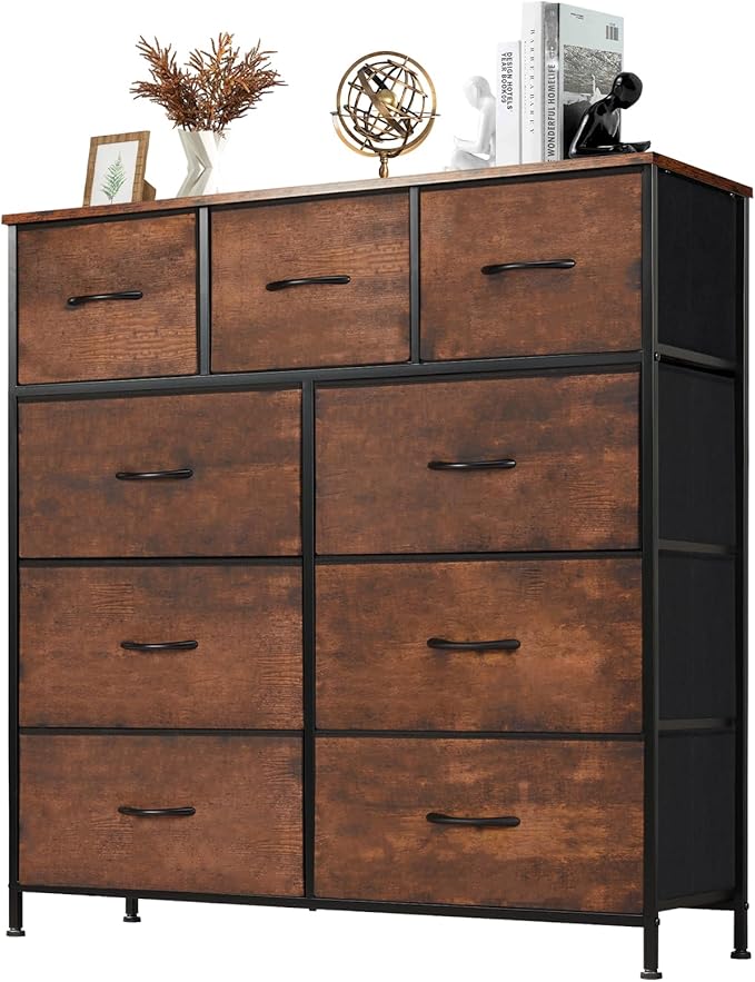 Sweetcrispy Dresser with 9 Drawers for Bedroom, Fabric Dresser Storage Tower, Chest of Drawers Organizer Unit, Storage Cabinet for Hallway, Closets, Steel Frame, Wood Top