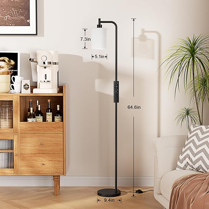 Floor Lamps for Living Room - Standing Lamp with Remote Control Glass Shade, Modern Floor Lamp with LED Bulbs, Bright Industrial Floor Lamp for Bedroom, Black Tall Lamp for Office