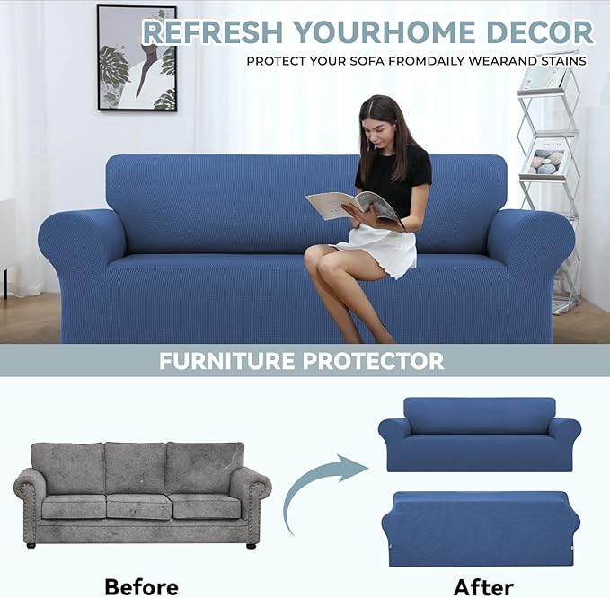 LURKA Stretch Sofa Slipcovers 1 Piece Couch Covers for 3 Cushion Couch Sofa Furniture Protector Full Sofa Covers with Elastic Bottom for Kids and Dog (Large, Blue)