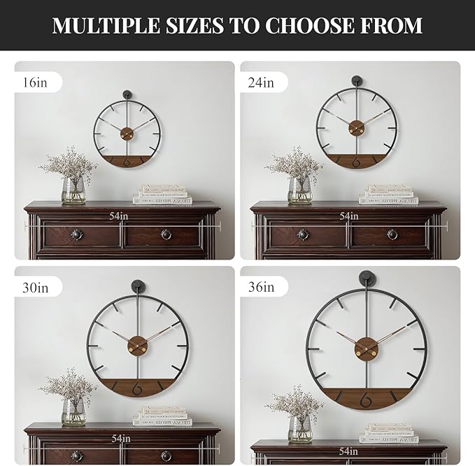 Modern 24 Inch Wall Clock, Minimalist Wood and Metal Wall Decor Clock with Walnut Dial, Silent Non Ticking Battery Operated Clock for Living Room, Kitchen, Office, Bedroom