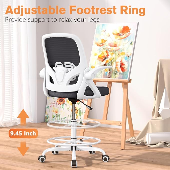 Tall Drafting Chair with Lumbar Support and Footrest Ring, Supportive Tall Extended Height Ergonomic Desk Chair for Home Work, Breathable Mesh Office Chair with Flip up Arms(White)