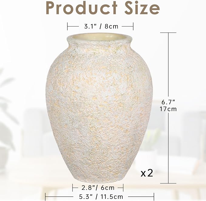 Rustic Ceramic Vase for Home Decor – 2PCS 6.7" Small Decorative Beige Vases for Dried Flowers, Pampas Grass, Faux Plants – Modern Farmhouse Boho Table Centerpiece