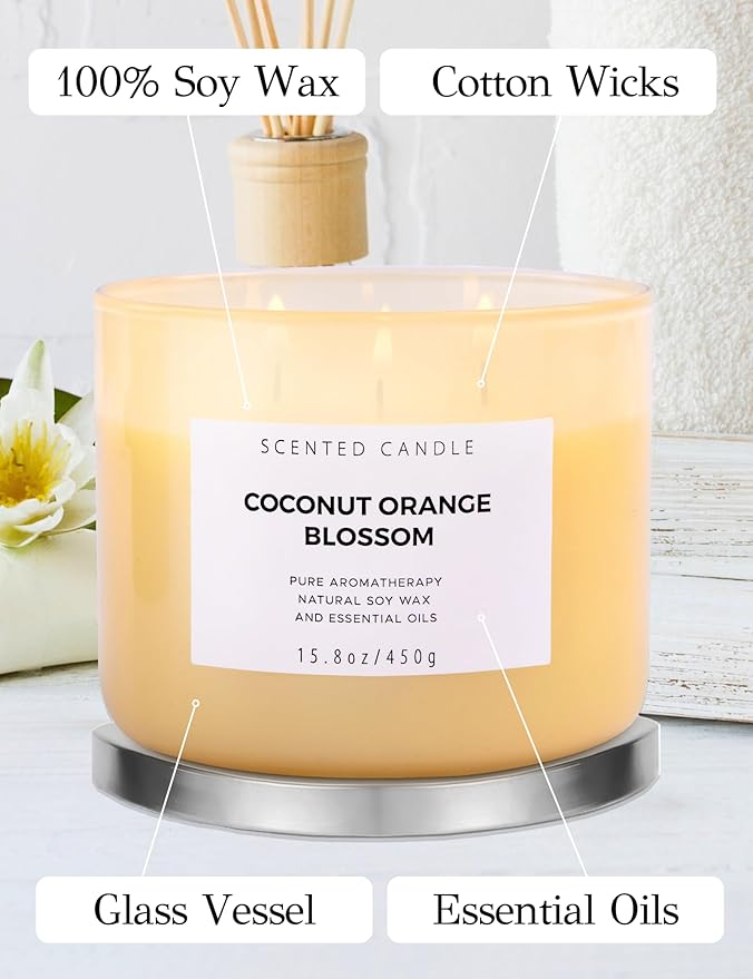 Coconut Orange Blossom 3 Wick Candle | Highly Scented Soy Candles for Home 15.8 oz, Summer & Tropical Scented Candle | Aromatherapy Stress Relief Candle, Relaxing Clean Burning Candles for Women & Men