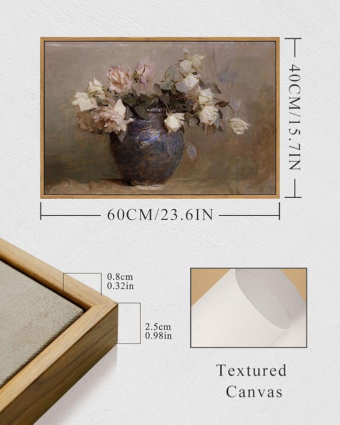 InSimSea Framed Canvas Wall Art Vintage Decor, Room Decor Large Artwork for Wall Roses Floral Paintings Framed Wall Art Prints for Office Kitchen Bathroom Decor, 16"x24"