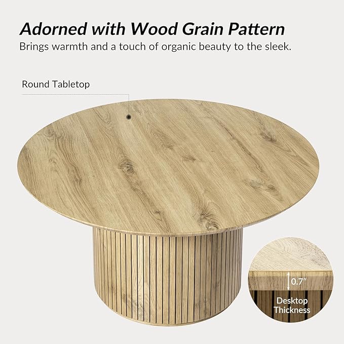 HULALA Home Round Coffee Table, Wood Coffee Table with Vertical Slat Base, Modern Coffee Table for Living Room and Lounge Room,Oak