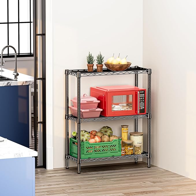 IZEUK 3-Tier Heavy Duty Steel Storage Shelves, Metal Shelf Wire Shelving Rack for Pantry, Kitchen, Home or Office Organization (29.5" W x 13.8" D x 35.5" H, 750LBS, Black)