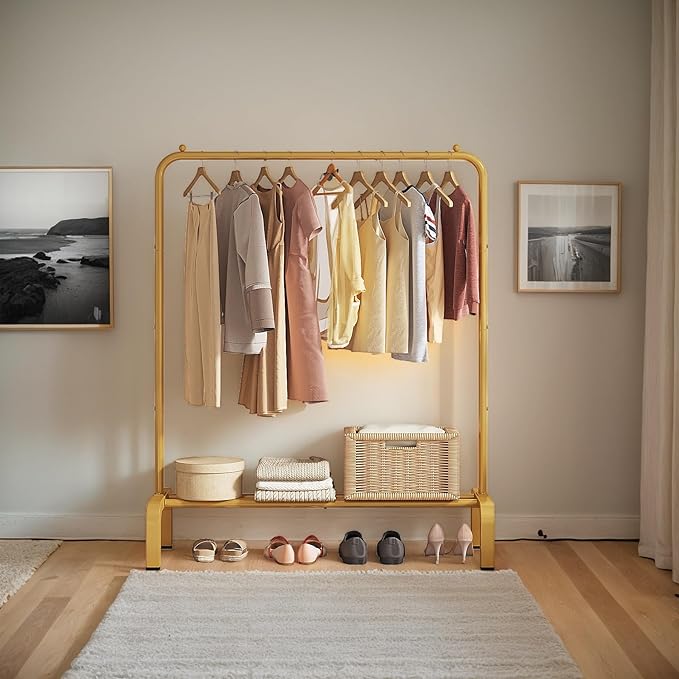 JIUYOTREE Standard Clothes Clothing Garment Rack with Storage Shelves Clothes Organizer for Hanging Clothes Coat Jacket Shirt Sweater Jeans Gold